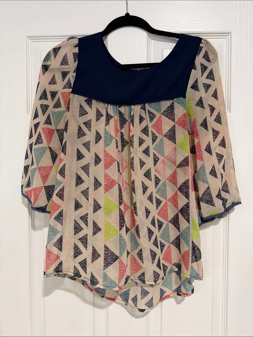 Umgee Navy Yoke Multicolor Geometric Blouse